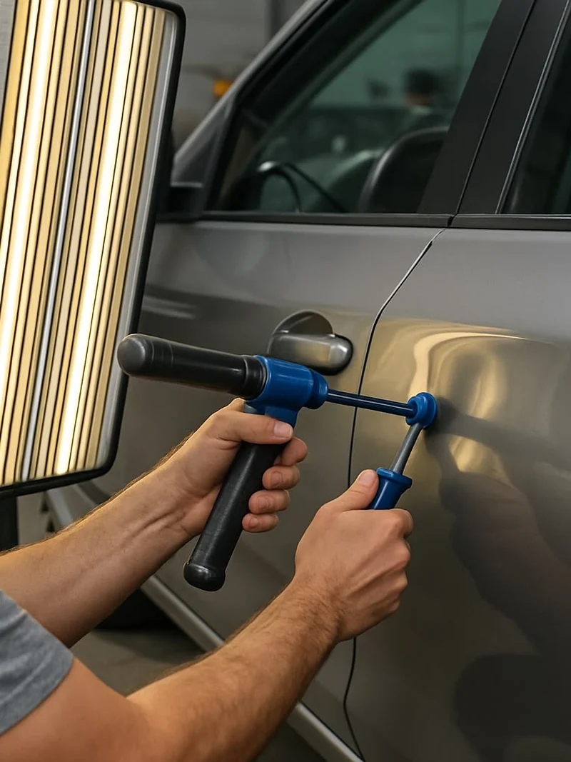 A technician working a dent out of a car door with a paintless dent repair tool, beside the striped reflector board used to read the panel.