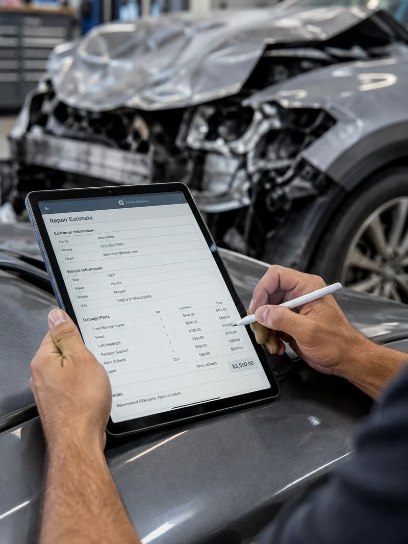 A technician writing a repair estimate on a tablet resting on a car, with a vehicle with a destroyed front end behind him.