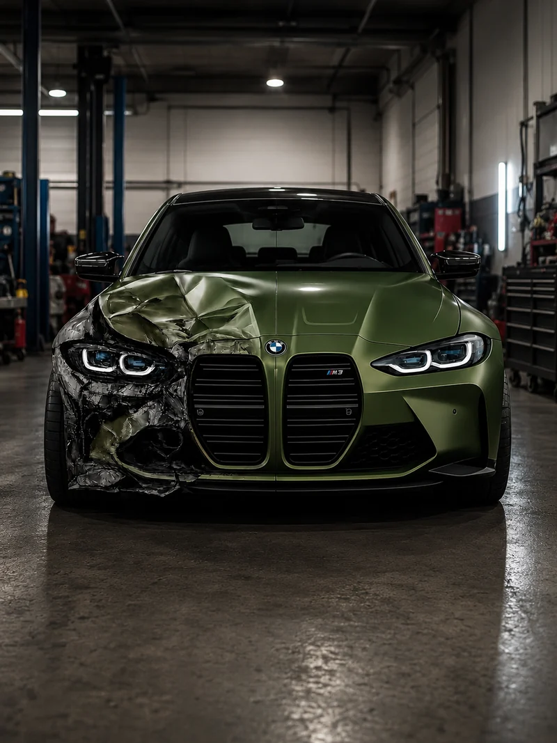 A green BMW M3 inside the shop with the front left corner crushed, headlight and bumper destroyed.