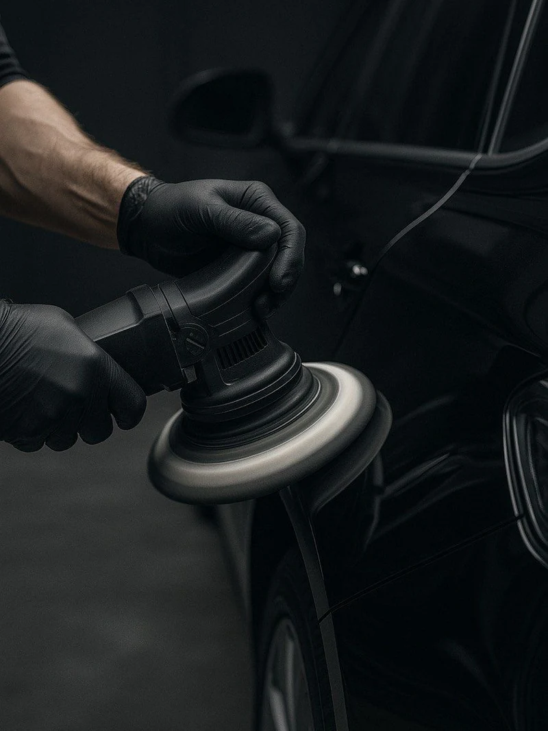 Gloved hands running a dual action polisher across the front wing of a black car, the pad spinning.