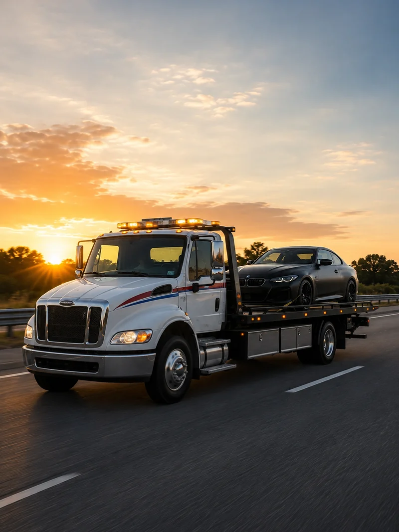 A flatbed tow truck carrying a black BMW coupe along the highway at sunset.