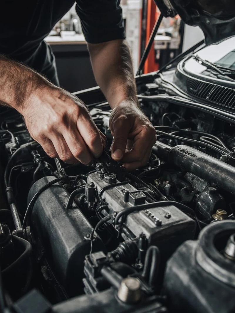 A technician reaching into an open engine bay, working on the ignition leads over the cylinder head.
