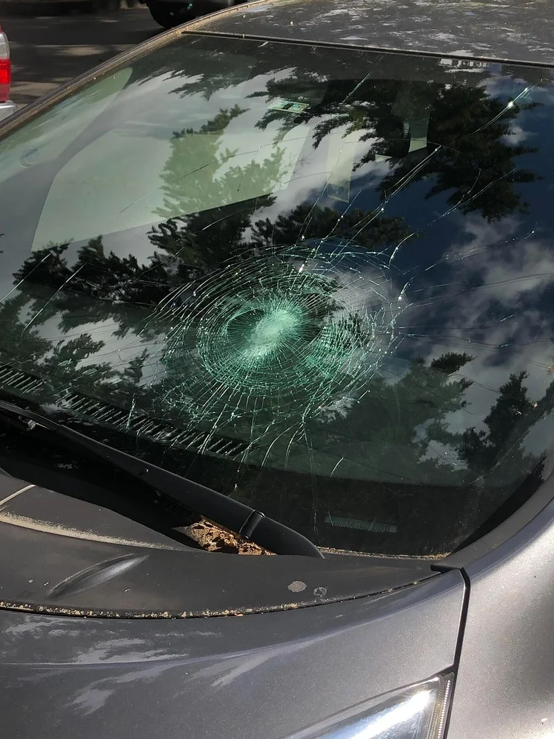 A windshield smashed by an impact, with a spider web of cracks spreading from the point of impact.